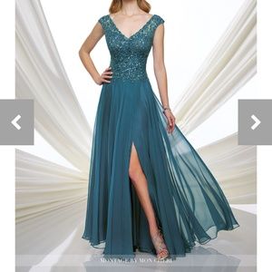 Mon Cheri Montage teal beaded gown